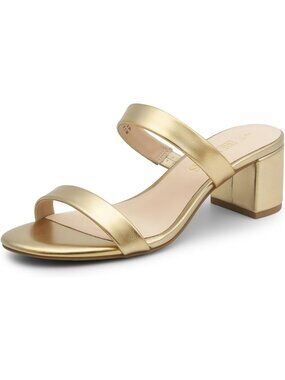 Women's Gold Faux Leather Summer Comfort Open Toe Slip On Chunky Low Heel Pumps